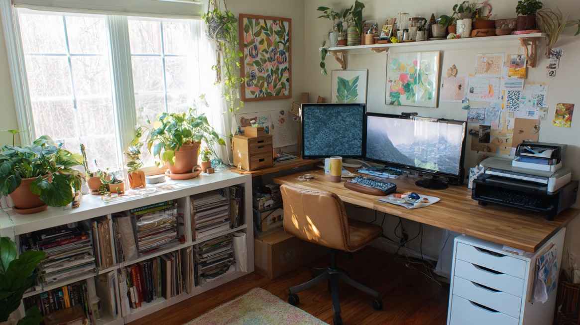 Kućna kancelarija smeštena u dnevni prostor, sa radnim stolom, računarima, policama i mnogo sobnih biljaka koje stvaraju prijatnu atmosferu
