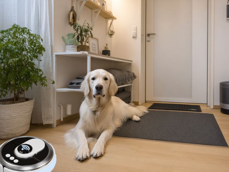 pas leži na sred hodnika pored prostirke za pod, robot usisivača, vaze sa cvećem,