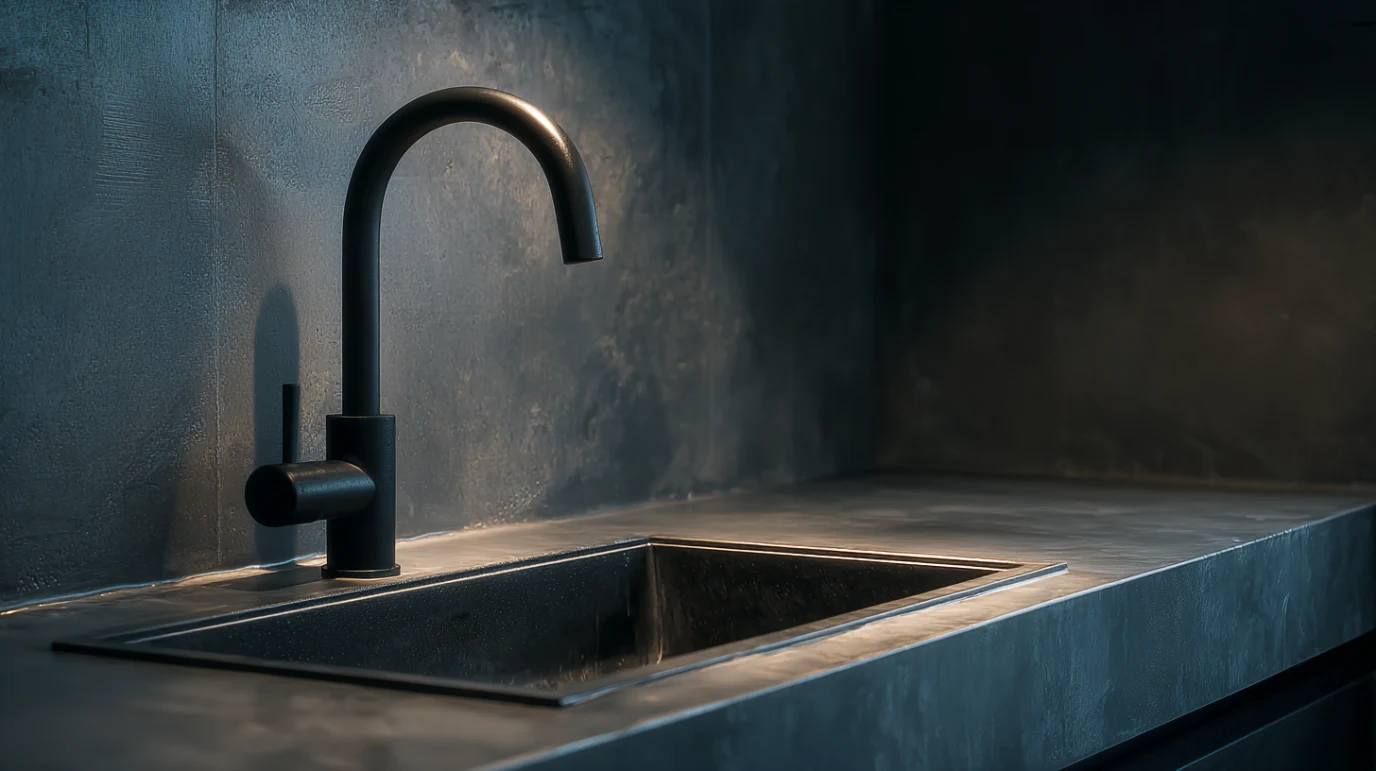 Mat crna slavina i mat crna sudopera u krupnom planu