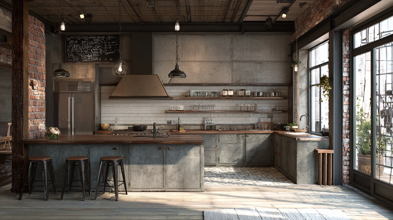 Kuhinja u industrijskom stilu koja ima moderno osvetljenje