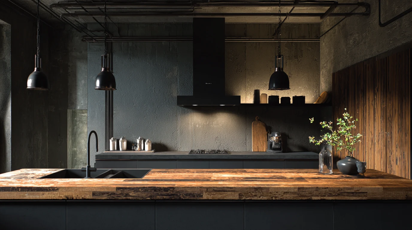 Kombinacija drvenih detalja i tamnih tonova u industrijskoj kuhinji