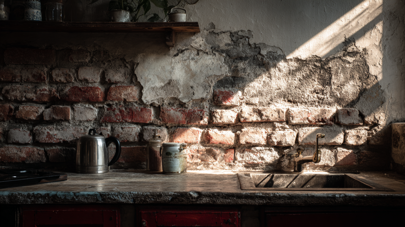 Kuhinjski zid koji je uradjen u industriskom stilu, sav od ciglica