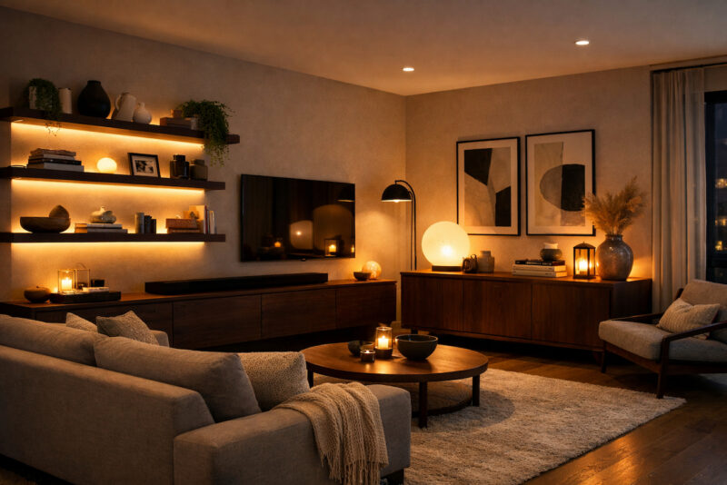 Ambijentalna LED rasveta na zidnoj polici i komodi u velikom modernom dnevnom boravku sa toplim svetlom