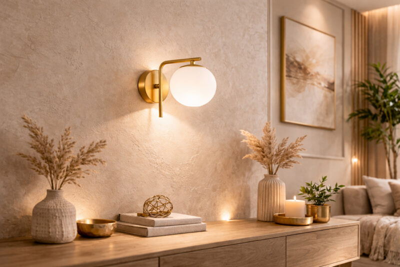Moderna zidna lampa zlatne boje sa staklenom kuglom postavljena na bež teksturisanom zidu iznad komode u dnevnom boravku