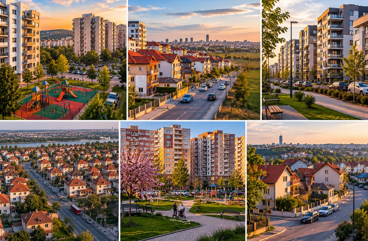 Kolaž od šest fotografija prikazuje različita beogradska naselja koja mladi bračni parovi često razmatraju, sa kombinacijom stambenih zgrada, porodičnih kuća, zelenih površina, parkinga i mirnijih urbanih ulica