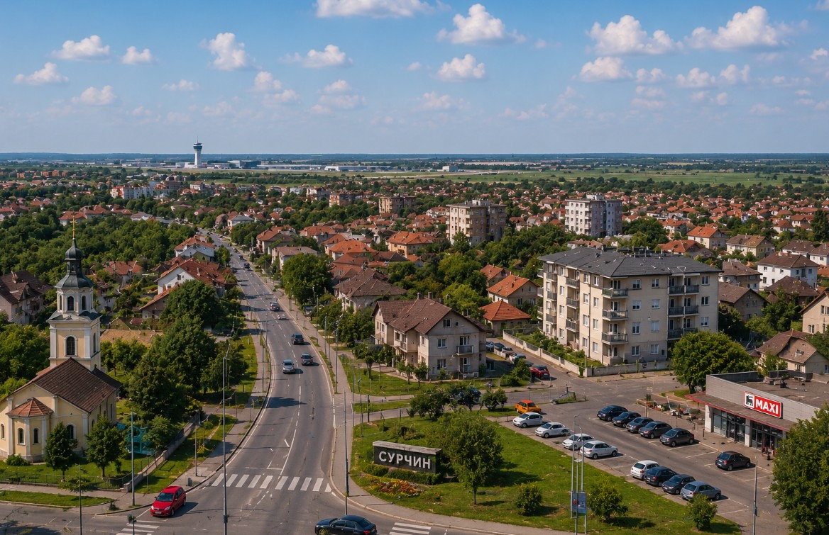 Panoramski pogled na Surčin prikazuje mirnije beogradsko naselje sa porodičnim kućama, manjim stambenim zgradama, glavnom saobraćajnicom, crkvom, lokalnim prodavnicama i otvorenim ravničarskim prostorom u pozadini.