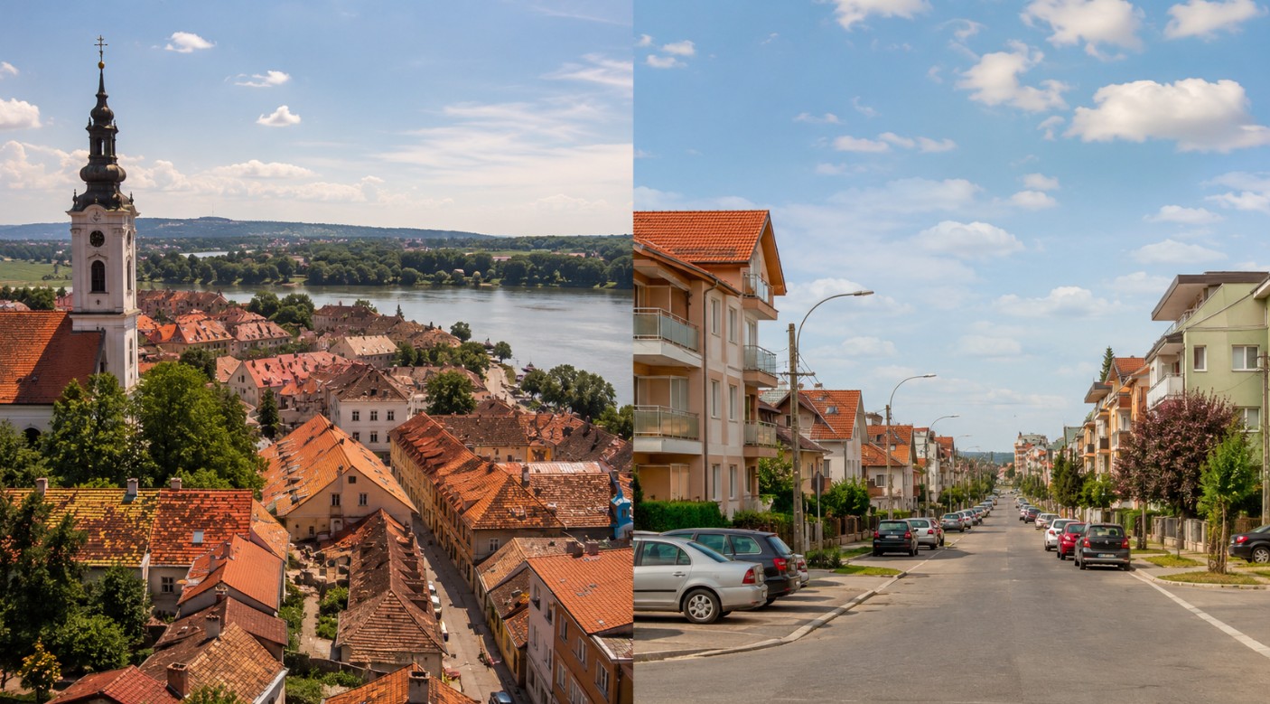 Podeljena slika prikazuje Zemun sa starim jezgrom, crkvenim tornjem i pogledom na reku sa leve strane, dok je na desnoj strani Altina sa mirnom stambenom ulicom, porodičnim kućama i manjim zgradama.