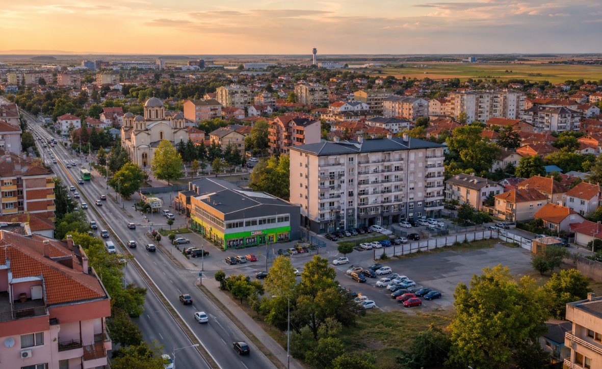 Panoramski pogled na beogradsko naselje sa manjim stambenim zgradama, porodičnim kućama, glavnom saobraćajnicom i otvorenim prostorom u pozadini