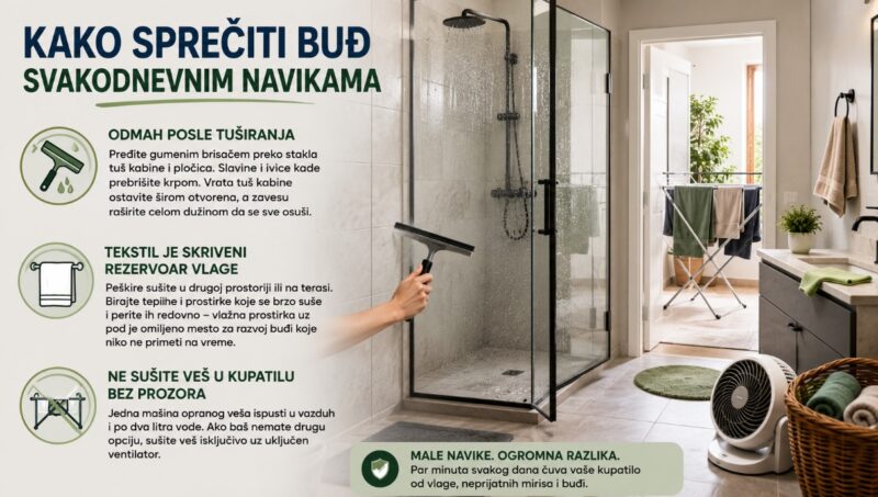 Kupatilo posle tuširanja sa otvorenom tuš kabinom, gumenim brisačem, peškirima i ventilatorom kao primer navika koje smanjuju vlagu i sprečavaju buđ.