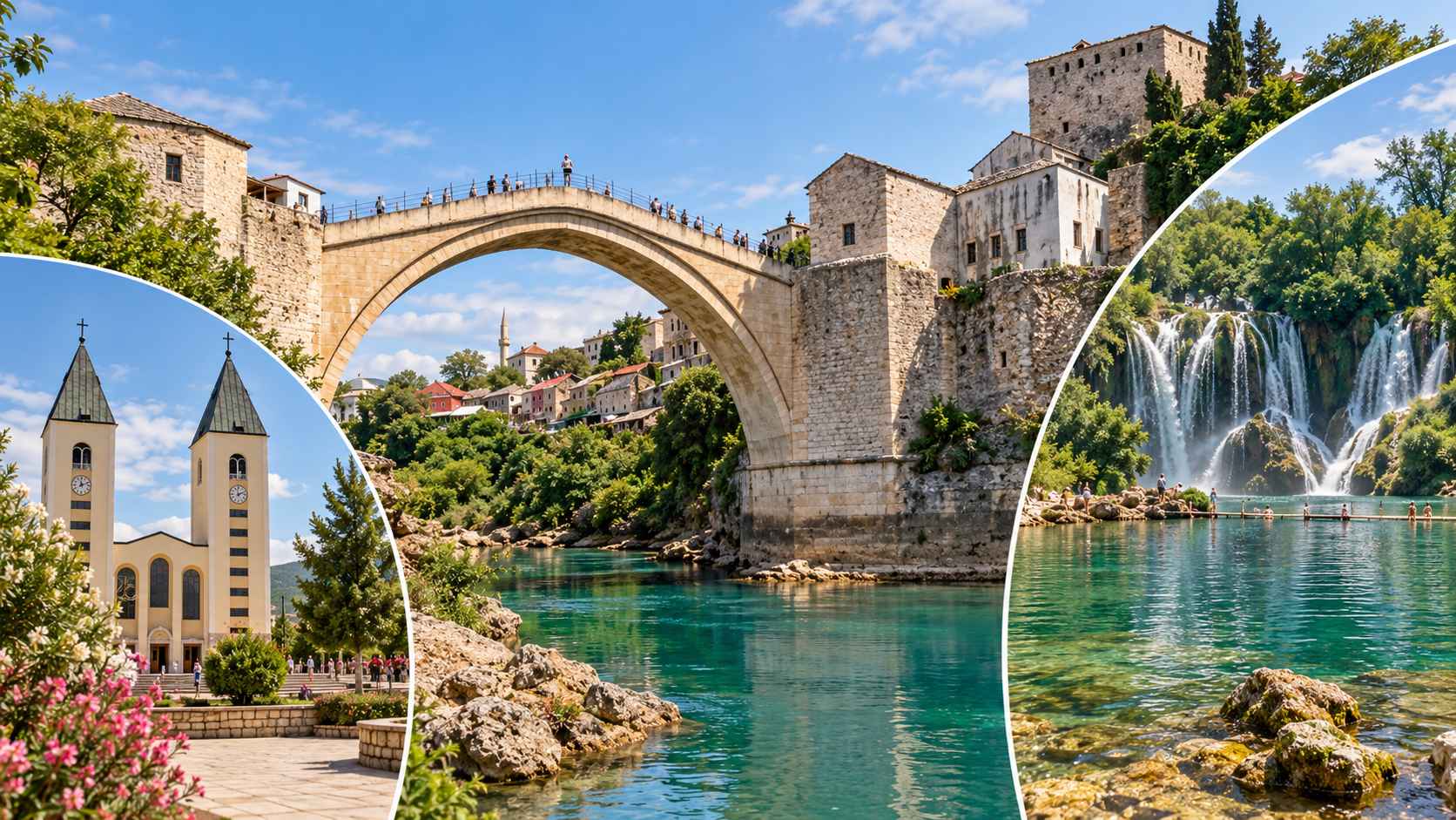 Kolaž Starog mosta u Mostaru, crkve Svetog Jakova u Međugorju i vodopada Kravice.